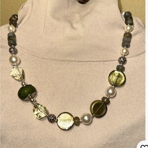 Handmade Asymmetrical Necklace “Forest Whisper” w Labradorite, PearlSilver Beads